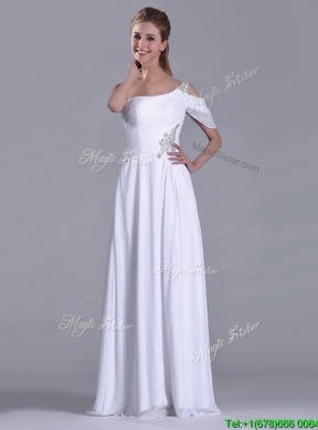 Fashionable Empire One Shoulder Beaded White Long White Dama Dress for Holiday