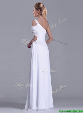 Fashionable Empire One Shoulder Beaded White Long White Dama Dress for Holiday