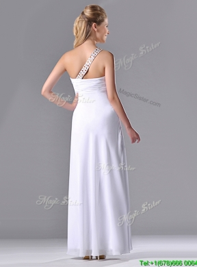 Fashionable Empire One Shoulder Chiffon Side Zipper White Bridesmaid  Dress with Beading
