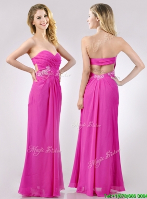 Fashionable Sweetheart Backless Beaded and Ruched Prom Dress in Hot Pink