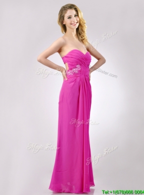 Fashionable Sweetheart Backless Beaded and Ruched Prom Dress in Hot Pink