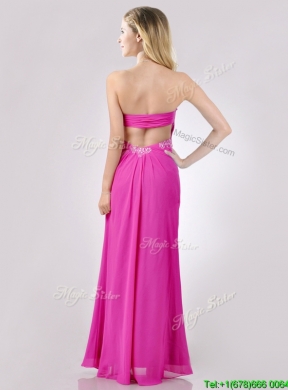 Fashionable Sweetheart Backless Beaded and Ruched Prom Dress in Hot Pink