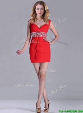 Hot Sale Beaded Decorated Waist V Neck Prom Dress in Red