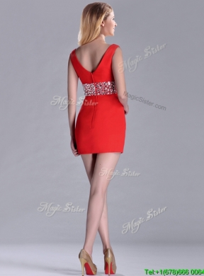 Hot Sale Beaded Decorated Waist V Neck Prom Dress in Red