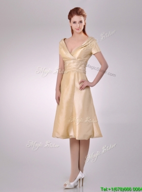 Hot Sale V Neck Champagne Tea Length Prom Dress with Short Sleeves