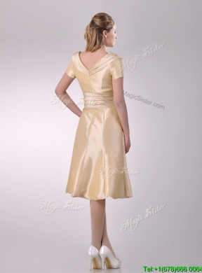 Hot Sale V Neck Champagne Tea Length Prom Dress with Short Sleeves