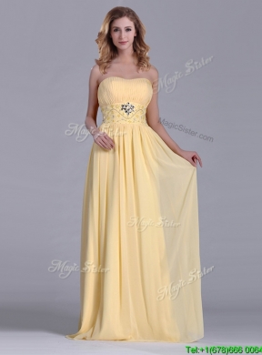 Lovely Empire Yellow Long Dama Dress with Beading and Ruching