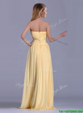 Lovely Empire Yellow Long Dama Dress with Beading and Ruching