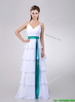 Lovely White Prom Dress with Ruffled Layers and Turquoise Belt