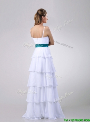 Lovely White Prom Dress with Ruffled Layers and Turquoise Belt