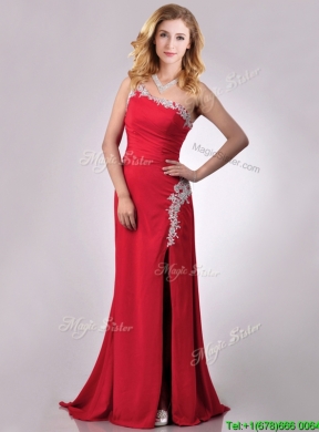 Luxurious Beaded Decorated One Shoulder and High Slit Prom Dress with Brush Train