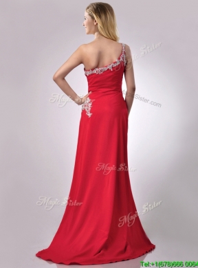 Luxurious Beaded Decorated One Shoulder and High Slit Prom Dress with Brush Train