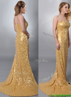 Luxurious Column Strapless Sequined Gold Prom Dress with Brush Train