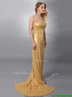 Luxurious Column Strapless Sequined Gold Prom Dress with Brush Train