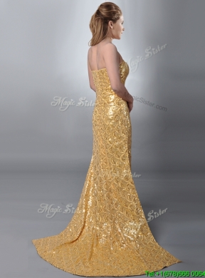 Luxurious Column Strapless Sequined Gold Prom Dress with Brush Train