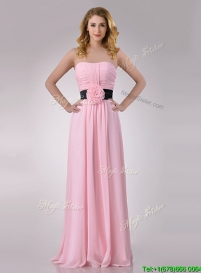 Modern Empire Chiffon Pink Long Dama Dress with Hand Crafted Flower