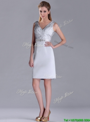 Modern V Neck Belted with Beading Prom Dress in Silver