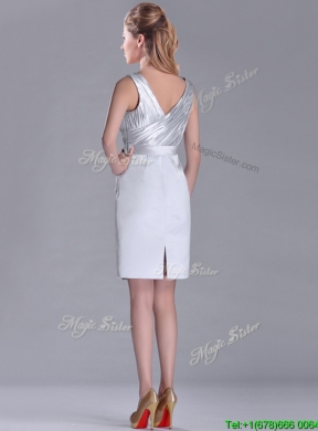 Modern V Neck Belted with Beading Prom Dress in Silver