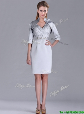 Modern V Neck Belted with Beading Prom Dress in Silver