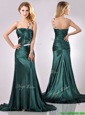 Modest One Shoulder Dark Green Prom Dress in Elastic Woven Satin