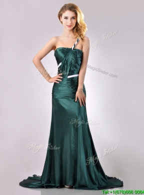 Modest One Shoulder Dark Green Prom Dress in Elastic Woven Satin