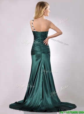 Modest One Shoulder Dark Green Prom Dress in Elastic Woven Satin