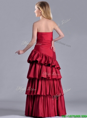 Modest Taffeta A Line Wine Red Prom Dress with Ruffled Layers