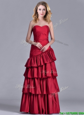 Modest Taffeta A Line Wine Red Prom Dress with Ruffled Layers