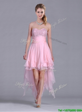 New Arrivals Beaded Bust High Low Chiffon Prom Dress in Baby Pink