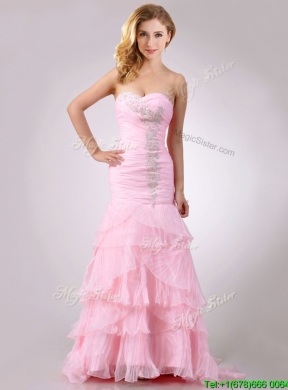 Popular Brush Train Organza Pink Prom Dress with Beading and Ruffles