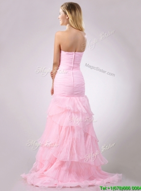 Popular Brush Train Organza Pink Prom Dress with Beading and Ruffles