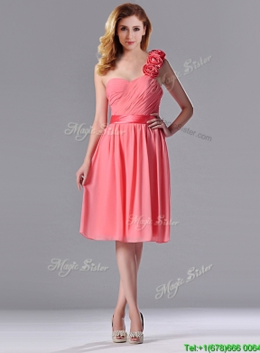 Popular Watermelon  Bridesmaid Dress with Hand Made Flowers Decorated One Shoulder