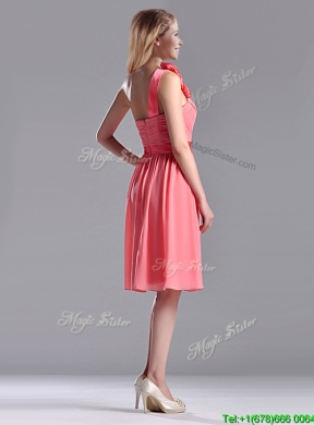 Popular Watermelon  Bridesmaid Dress with Hand Made Flowers Decorated One Shoulder