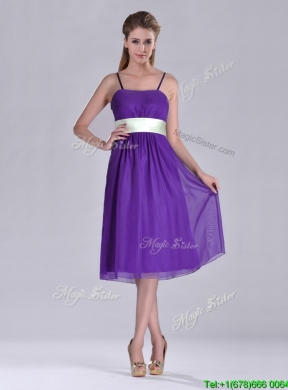 Romantic Spaghetti Straps Belted Eggplant Purple  Dama Dress in Tea Length