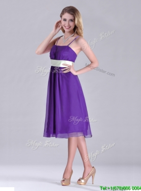 Romantic Spaghetti Straps Belted Eggplant Purple  Dama Dress in Tea Length