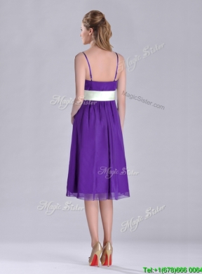 Romantic Spaghetti Straps Belted Eggplant Purple  Dama Dress in Tea Length