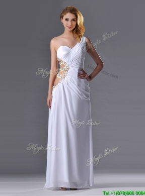 Beautiful Cut Out Waist One Shoulder White Prom Dress with Beading