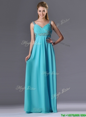 Beautiful Empire Aqua Blue Long Prom Dress with Beading and Ruching