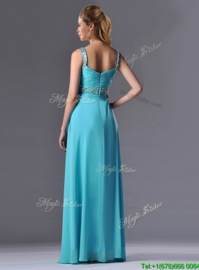 Beautiful Empire Aqua Blue Long Prom Dress with Beading and Ruching