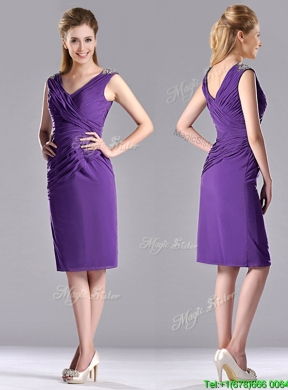 Cheap Column V Neck Knee-length Short Prom Dress in Purple