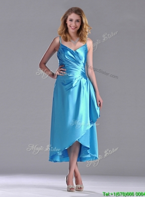 Classical Spaghetti Straps Baby Blue Dama Dress in Tea Length