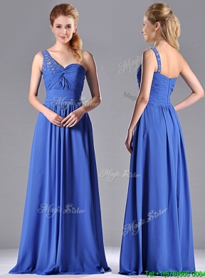 Column Chiffon Beading and Ruching Blue Prom Dress with One Shoulder