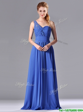 Column Chiffon Beading and Ruching Blue Prom Dress with One Shoulder