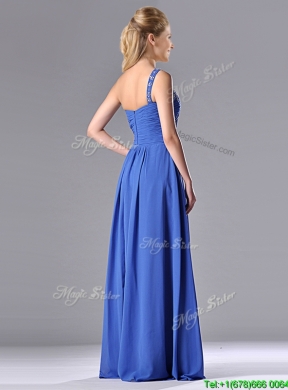 Column Chiffon Beading and Ruching Blue Prom Dress with One Shoulder