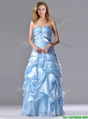 Column Sweetheart Long Light Blue Beaded Ruched Prom Dress in Organza