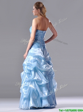 Column Sweetheart Long Light Blue Beaded Ruched Prom Dress in Organza