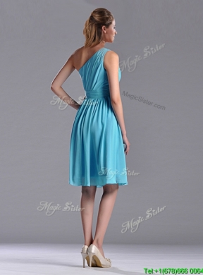 Discount Chiffon Baby Blue Knee Length Dama Dress with One Shoulder