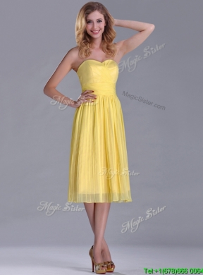 Discount Pleated Yellow Chiffon Dama Dress in Tea Length