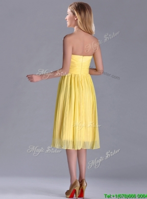 Discount Pleated Yellow Chiffon Dama Dress in Tea Length