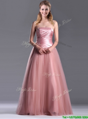 Elegant A Line Tulle Beaded Long Prom Dress in Peach